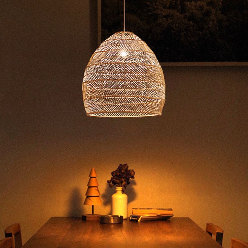 1-Light Hanging Light Fixture Asian Style Pendant Light with Rattan Shade for Bedroom