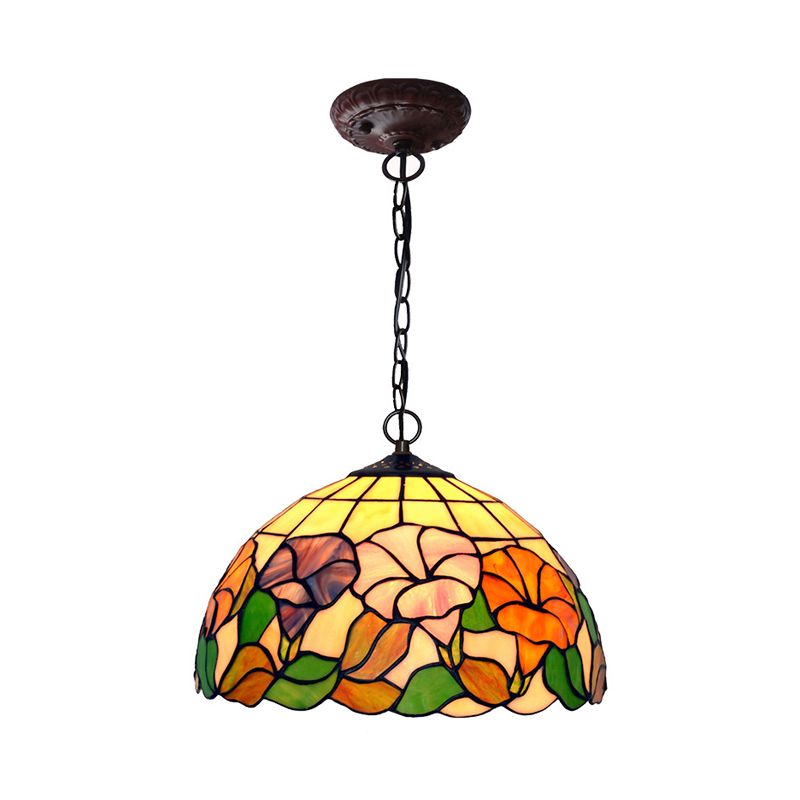 Blossom Pendulum Light 1 Light Red/Pink/Yellow Stained Glass Mediterranean Pendant Lighting Fixture