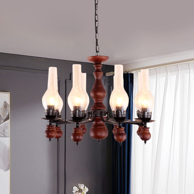 Lampe de plafond en verre transparent industriel 8 têtes de salon d'éclairage de lustre avec colonne en bois