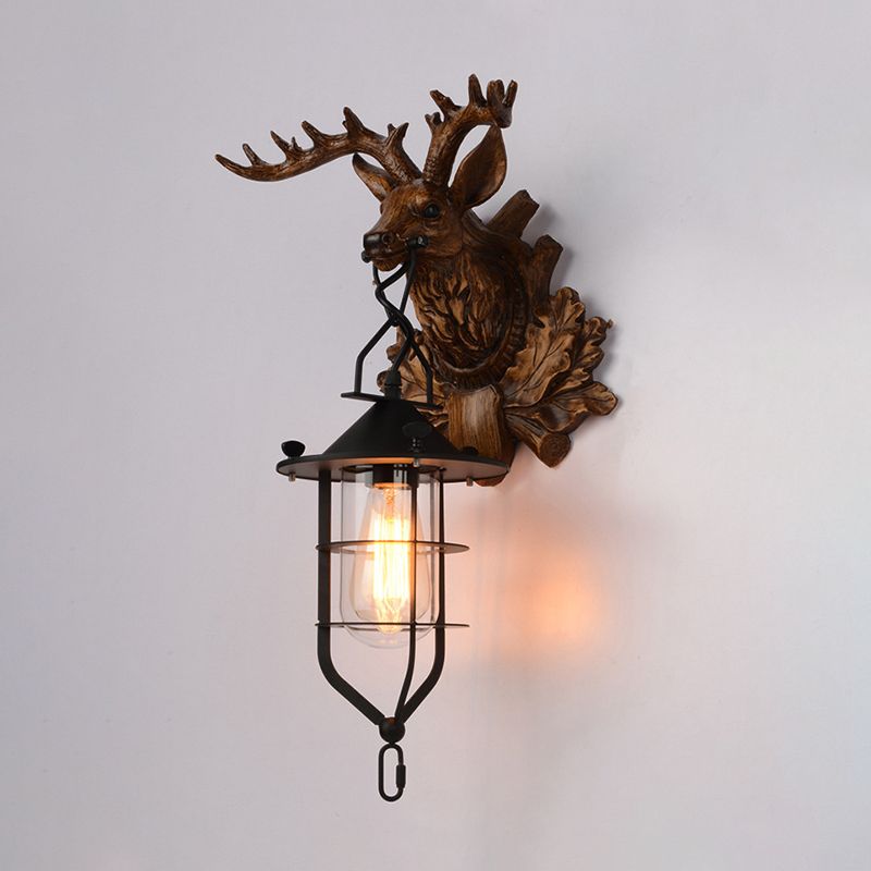 1 lampe murale de wapiti clair country en bois foncé résine applique luminaire pour le salon avec cage