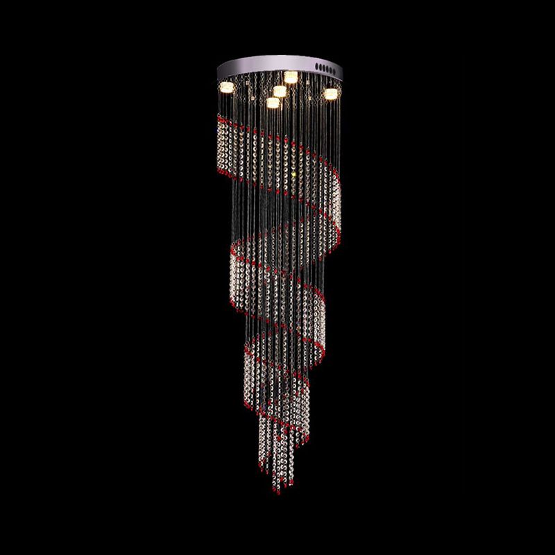5 Bulbs Spiral Cascades Hanging Lamp Modernism Silver Clear and Red Crystal LED Multi Light Pendant