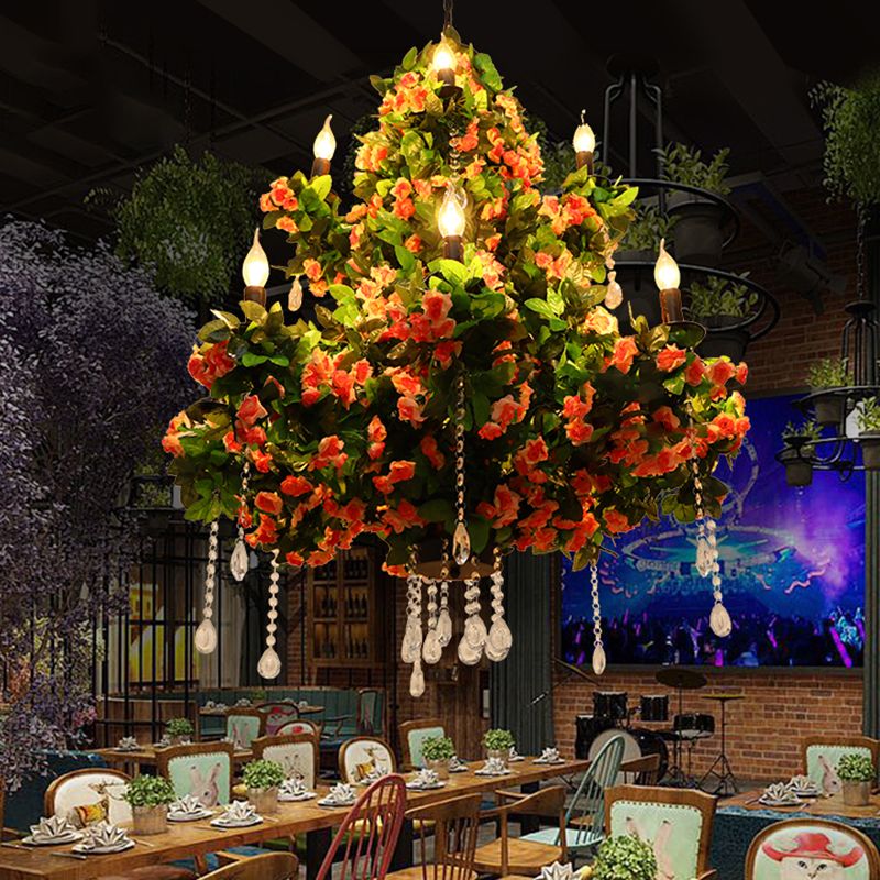 Black 12 Bulbs Chandelier Lighting Industrial Metal Candle LED Flower Hanging Light Fixture with Crystal Accent