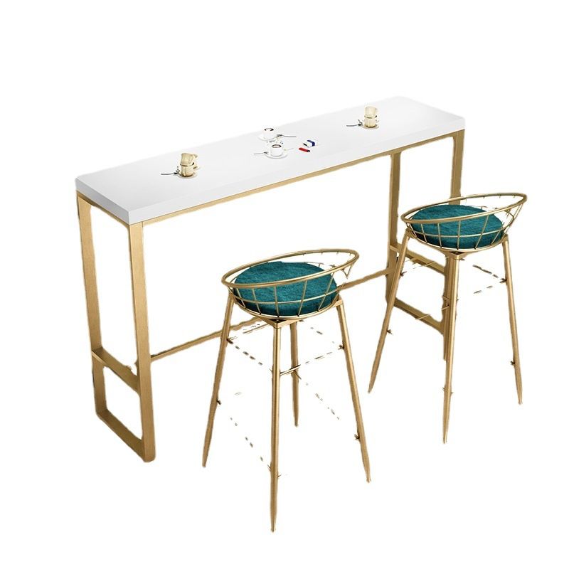 White Solid Wood Bar Table Gold and Metal Base Bar Table for Kitchen Living Room