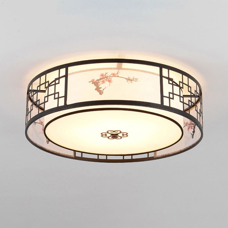 Noir 5-Fixation du plafond de la lumière dans le style traditionnel Concise en fer forgé Geometric Flush Mount with Embroidered Fabrics Shade