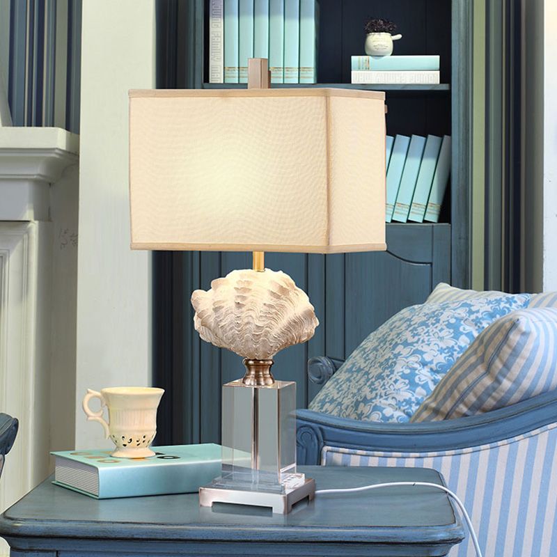 Conch Shell Bedside Table Lamp Rustic Resin 1 Bulb White Night Stand Light with Box Fabric Shade