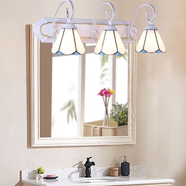 3 Heads Wall Mount Light Tiffany Cone White/Blue Glass Vanity Sconce Light for Bathroom