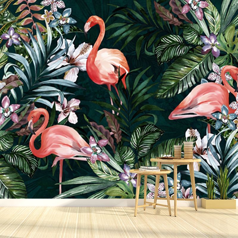 Tropical Flamingo and Forest Mural for Gallery, Extra Large Wall Covering in Soft Green