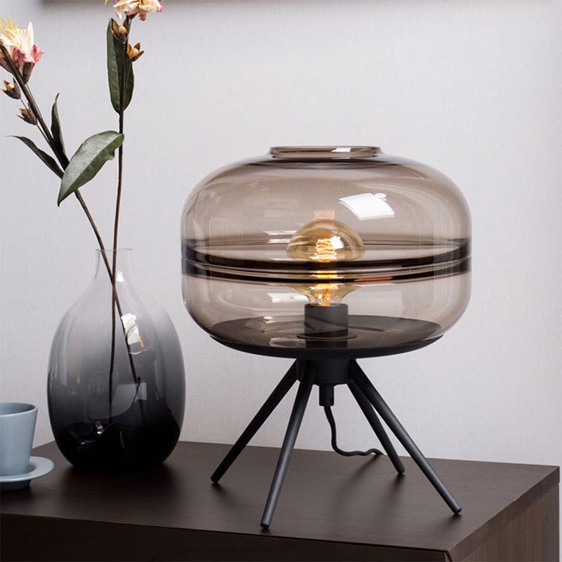 Black Drum Single Table Lamp in Modern Concise Style Wrought Iron Table Light with Glass Shade