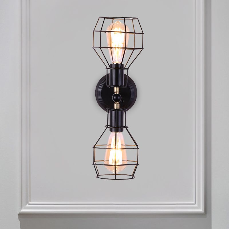 2 Heads Metal Wall Lighting Fixture Industrial Black Torpedo Cage Study Room Wall Mount Light