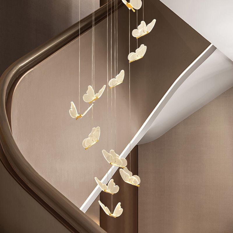 Acrylgold -LED -Hängelampe im modernen künstlerischen Stil Eisen Schmetterling Anhänger Licht für Treppen