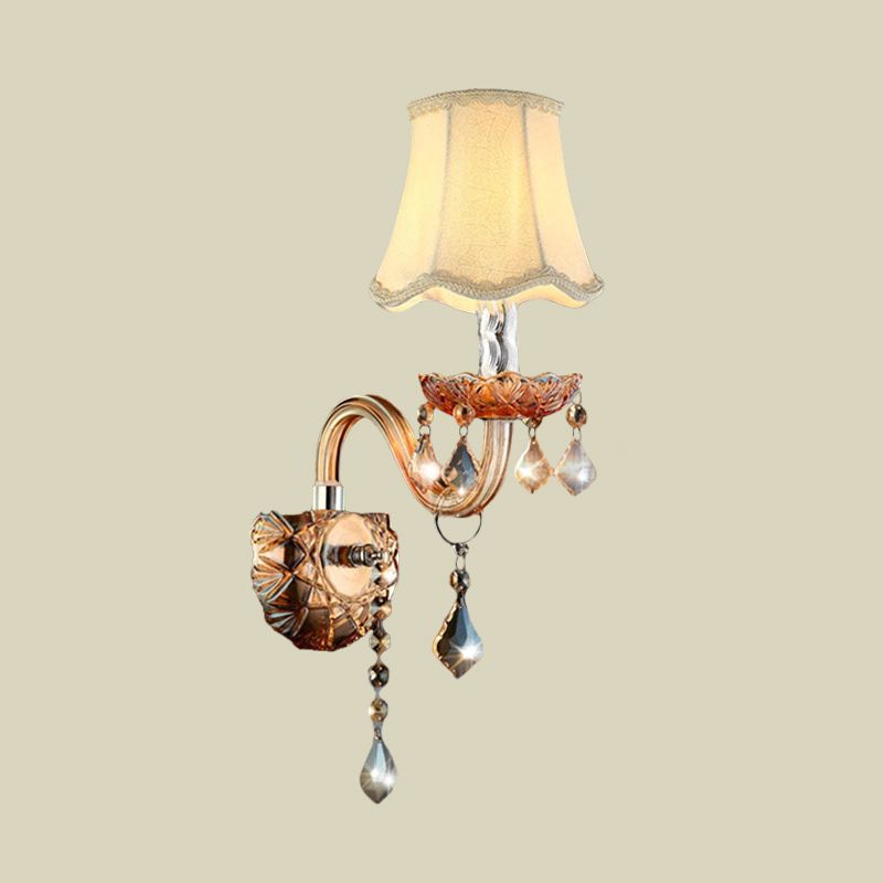 Beige 1 Bulb Wall Light Traditional Fabric Scalloped Wall Sconce with Clear Crystal Drop and Curved Glass Arm