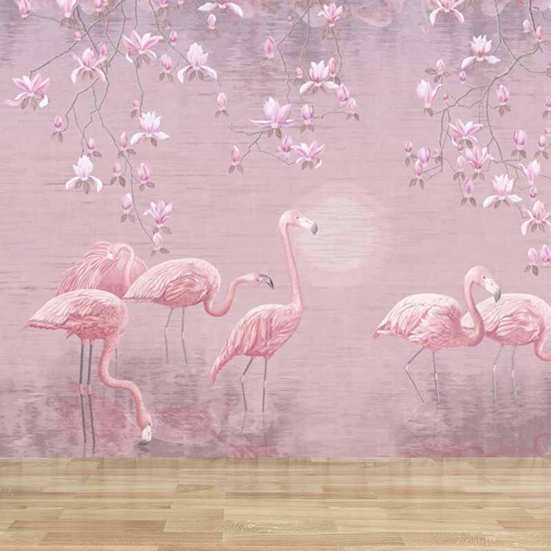 Lotus Pond Flamingo Wall Mural Tropical Non-Woven Material Wall Decor for Bedroom
