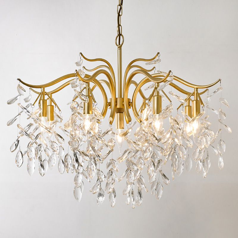 Crystal Branches Chandelier Light Fixture Rustic Living Room Pendant Chandelier in Gold