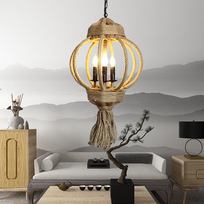 3 Bulbs Lantern Cage Hanging Lamp Country Style Hemp Rope Chandelier Lighting in Beige for Restaurant