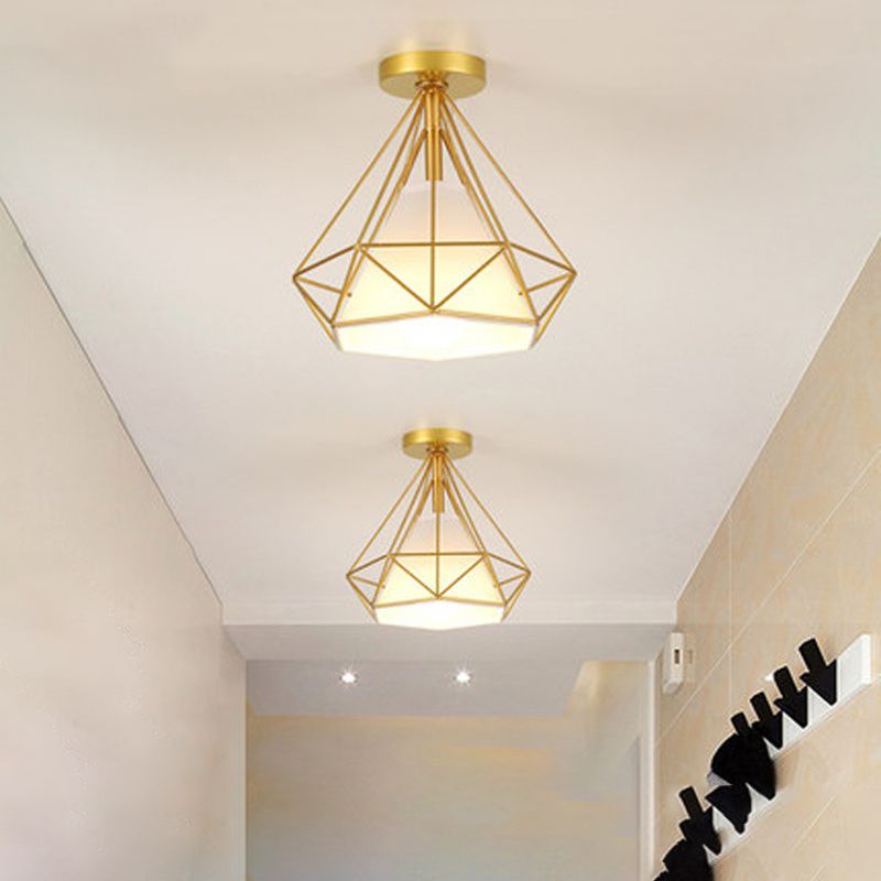 Einzel-Bulb-Diamant Deckenlampe Vintage Metall Halbmontage Beleuchtung mit Stoffschatten im Inneren