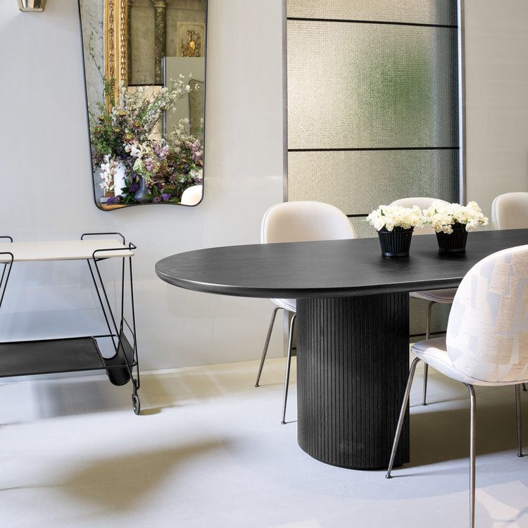 Mesa de comedor moderna ovalada Mesa fija negra con base de pedestal doble
