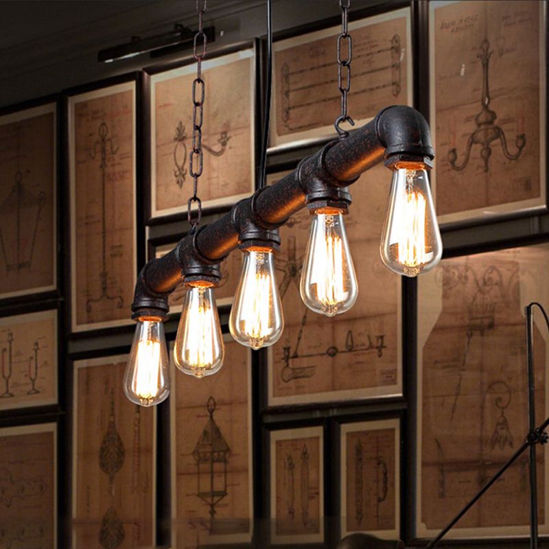 Expose Bulb Indoor Island Lighting with Pipe Vintage Metallic 5 Lights Weathered Copper Hanging Light