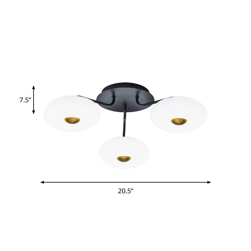 Black Branched Semi Flush Chandelier Modern 3 Bulbs Metal Ceiling Light with Round Acrylic Shade, White/3 Color Light