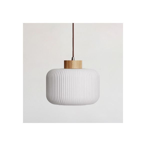 White Wooden Pendant Light in Modern Concise Style Glass Drum Hanging Light for Dining Room