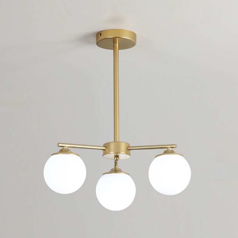 Gold Metal Chandelier Light Fixtures Modern 3-Head Globe Suspension Lamps with White Glass Shade