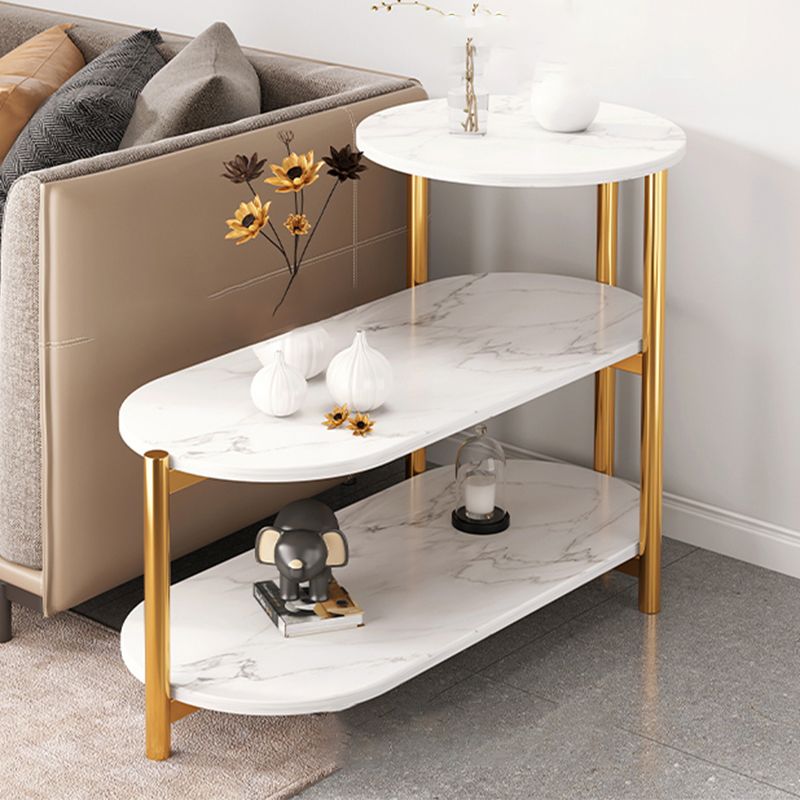 Glam Metal Side Table with Shelves Geometric Stone Top Accent Side Table