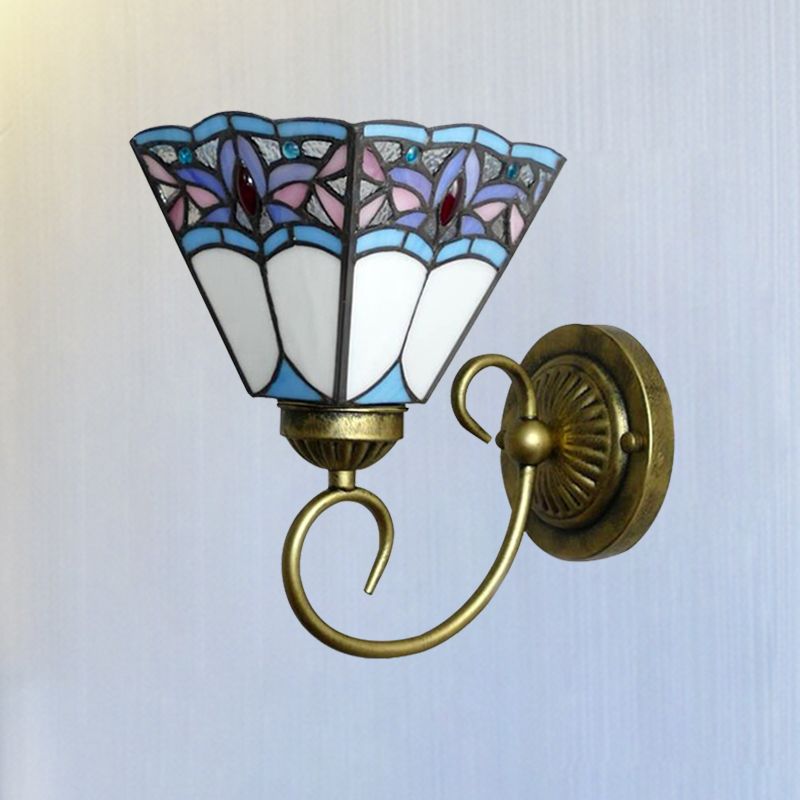 1 Head Wall Light Fixture Tiffany Cone Purple-Blue Glass Sconce Light Fixture with Scrolling Arm