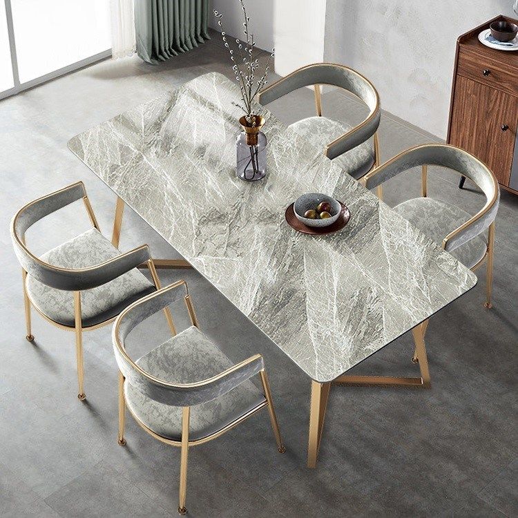 Stone Top Dining Table Industrial Rectangle Table with Sled Base