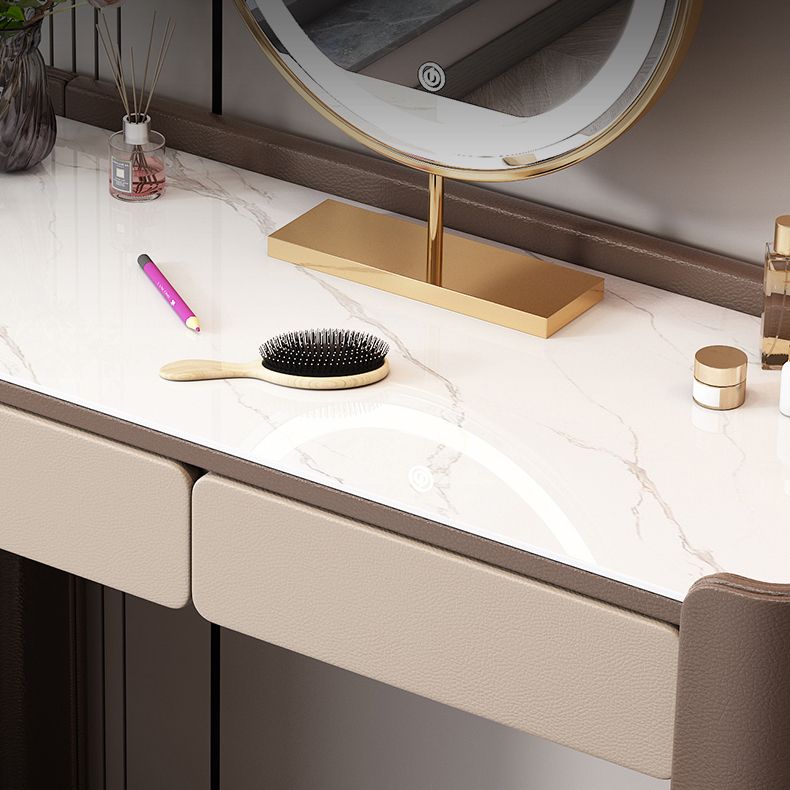 29.53" H Wood/Stone Vanity Table Stool Set 2/5 Drawers Dresser in Brown