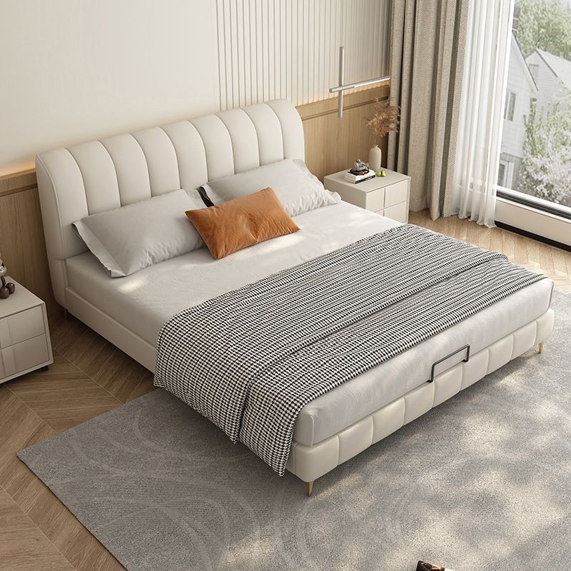 Upholstered Headboard Standard Bed Solid Wood Slat Bed in White