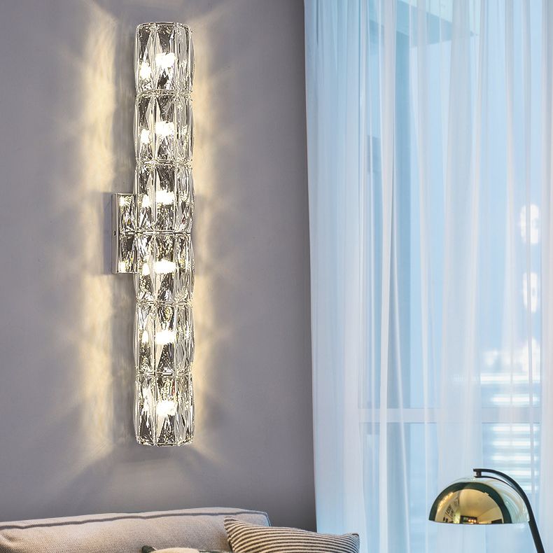 Postmodern Crystal Wall Light Cylinder Multi Light Wall Sconce in Chrome for Bedroom
