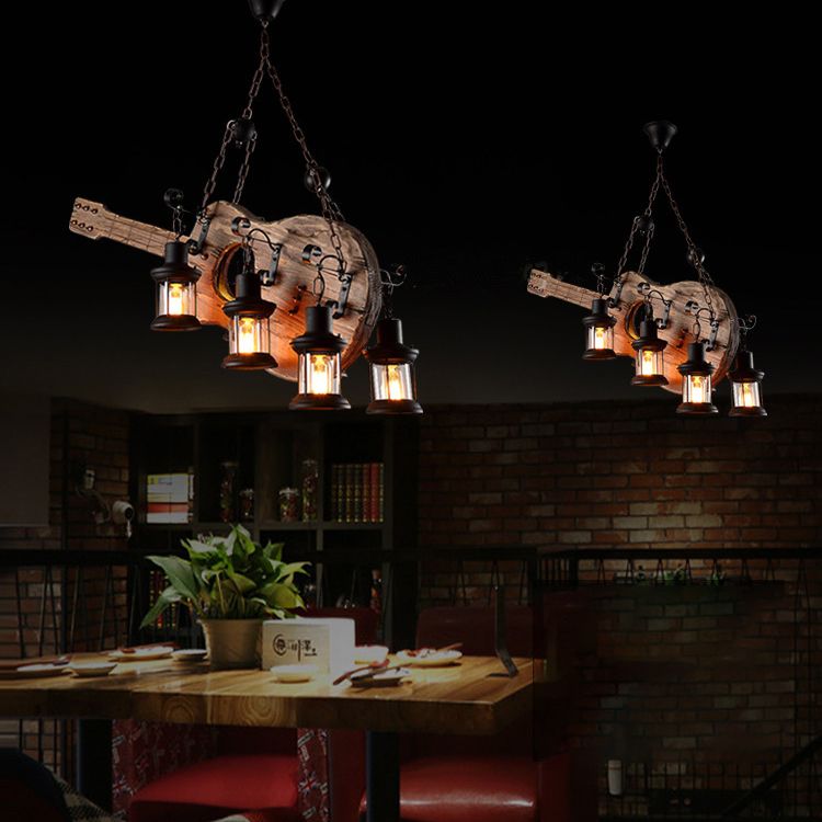 Guitar Chandelier Lighting Rustic Style Wooden Cafe Bar Pendant Light with Glass Kerosene Lantern