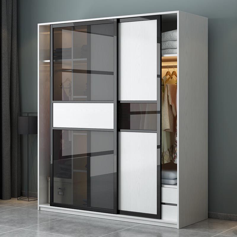 Glass and Engineered Wood Wardrobe Closet White Wardrobe Cabinet