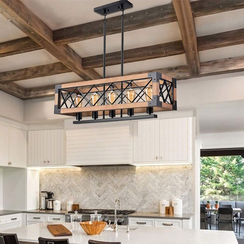 Marco de hierro luz de la isla negra en la luz colgante de madera de madera de estilo retro industrial para el comedor