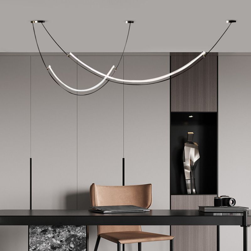 Line Shape Hanging Lamp Modern Island Chandelier Lights in Black Finish