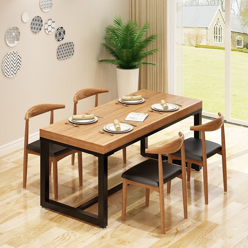 Industrial Natural Finish Dining Table Indoor Rectangle Table with Metal Base