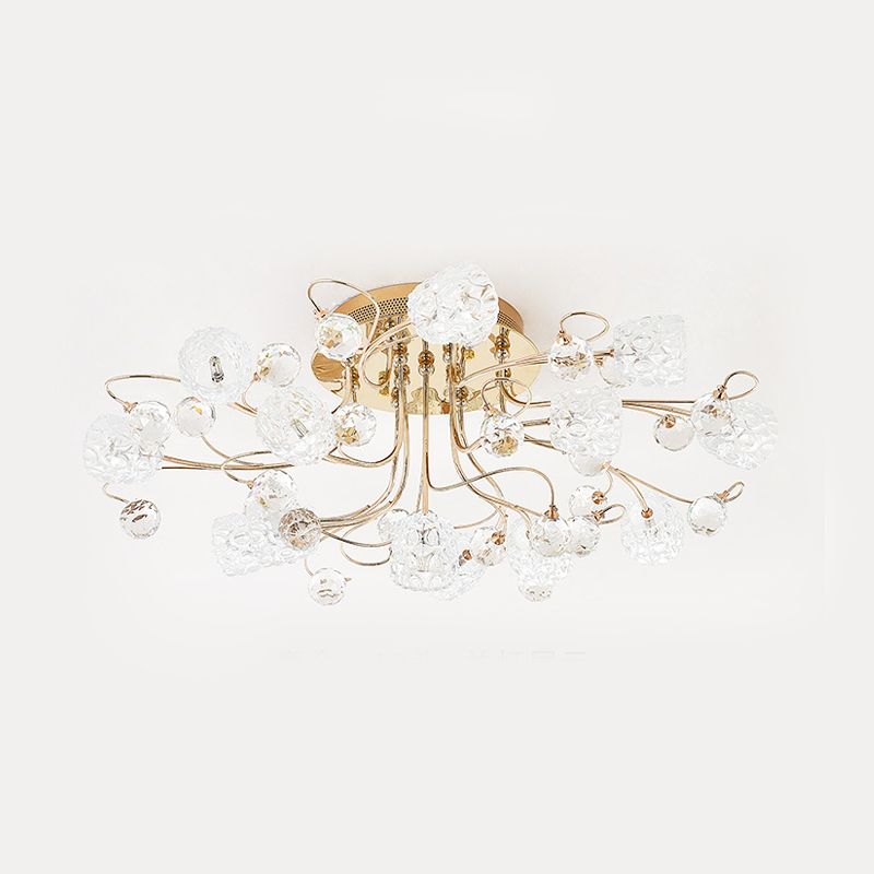 13 Lights Semi Flush Mount Chandelier Modern Flowerbud Bubble Glass Ceiling Lamp in Gold