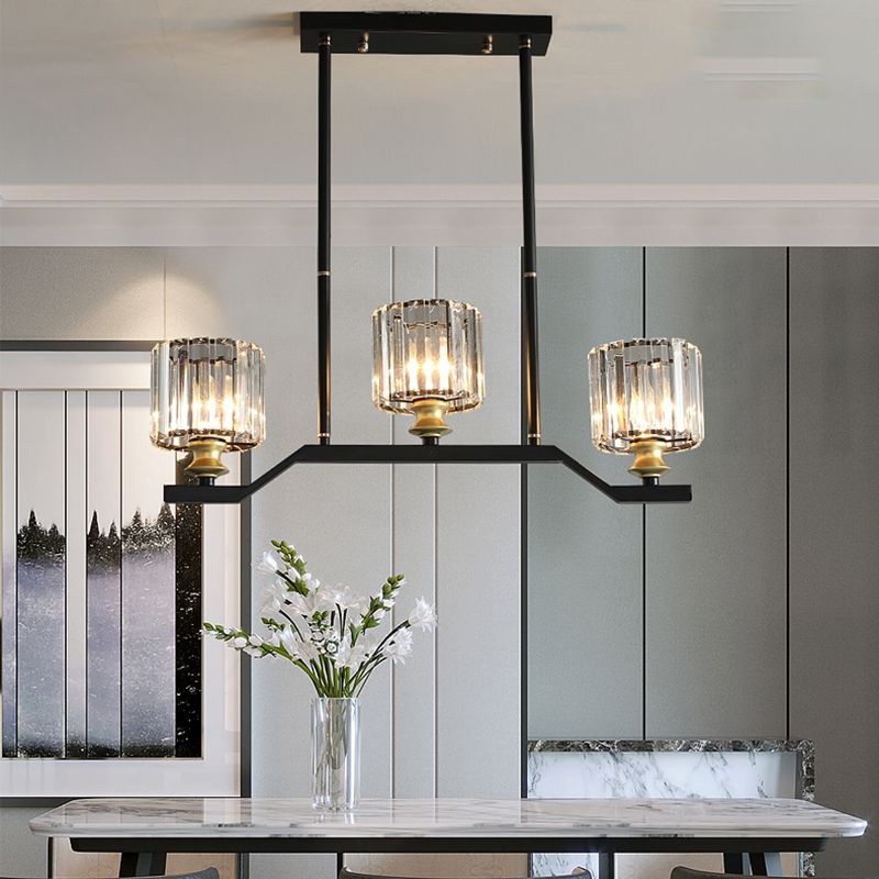 Clear Crystal Cylinder Island Pendant Light Modern 3/4 Lights Island Lighting in Black for Indoor