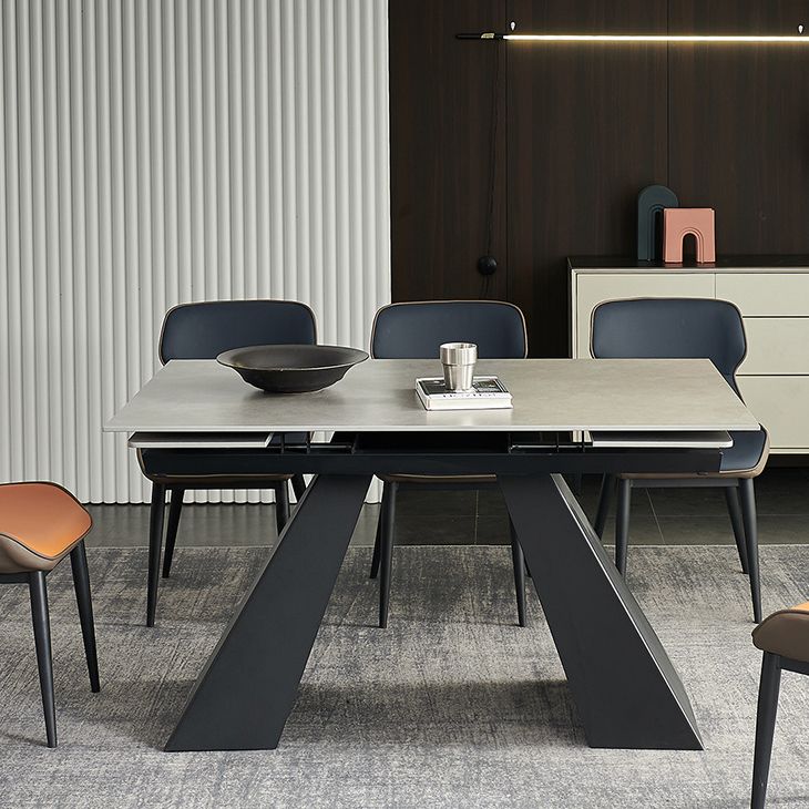 Rectangular Dining Table Modern Grey Stone Table Top with Black Metal Base