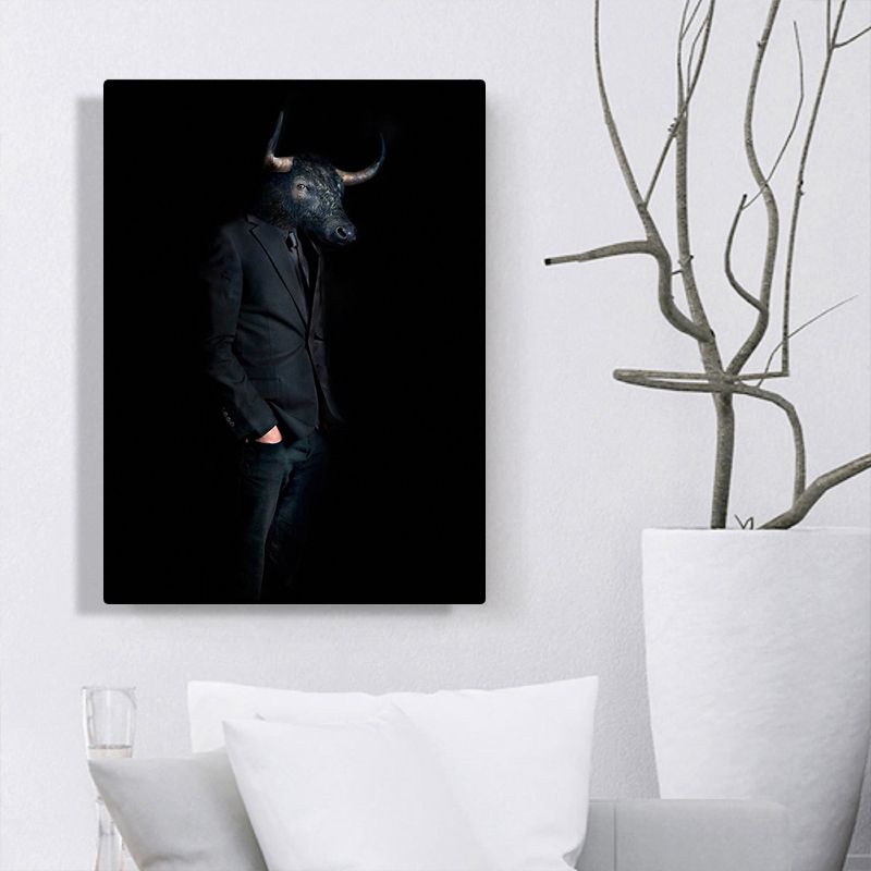 Ox Gentleman Canvas Art Kids Style Textured Wall Decoration in Black for Living Room