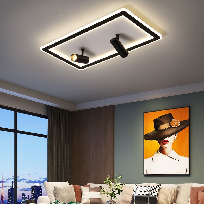 Black New Modern LED Flush Mount Rectangular Living Room Ceiling Light Fixture with 4 Spotlights