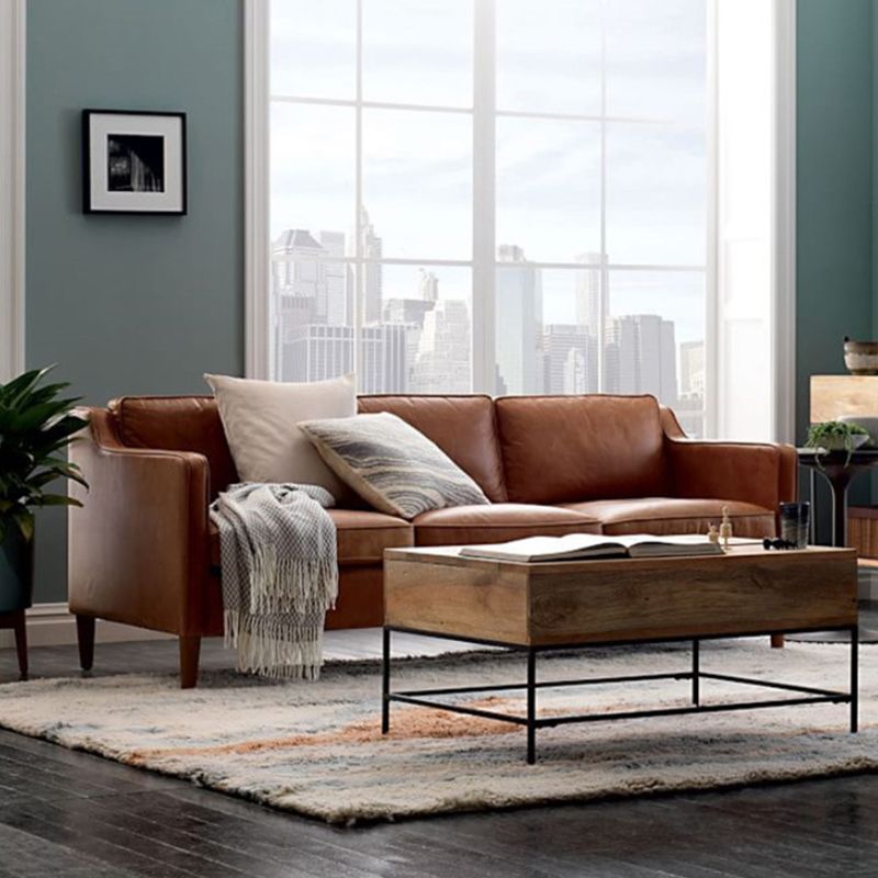 Loose Back Square Arm Sofa Stationary Faux Leather Sofa with Cushions