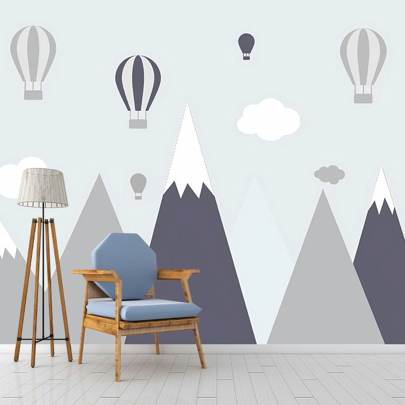 Cute Balloon and Mountain Mural Wallpaper for Children's Bedroom Decoration, Grey, Made to Measure