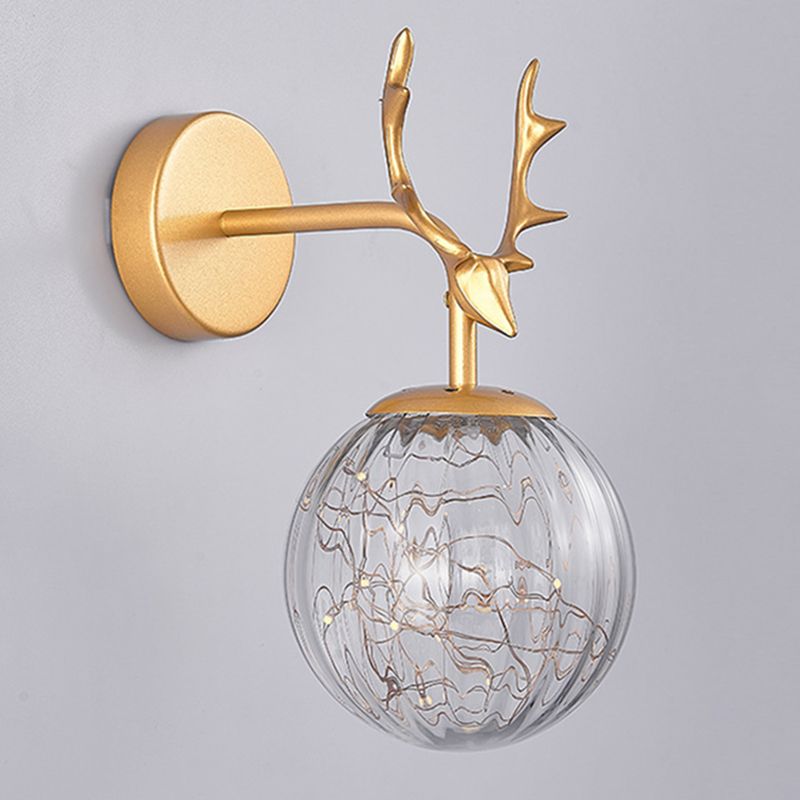 Glass Globe Wall Sconce in Modern Luxury Style Wrought Iron Wall Lamp with Antler Decoration
