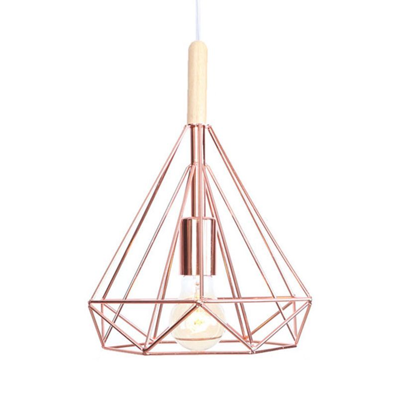 Diamond Metal Cage Pendant Light Nordic Industrial 1 Light Ceiling Hanging Light in Rose Gold