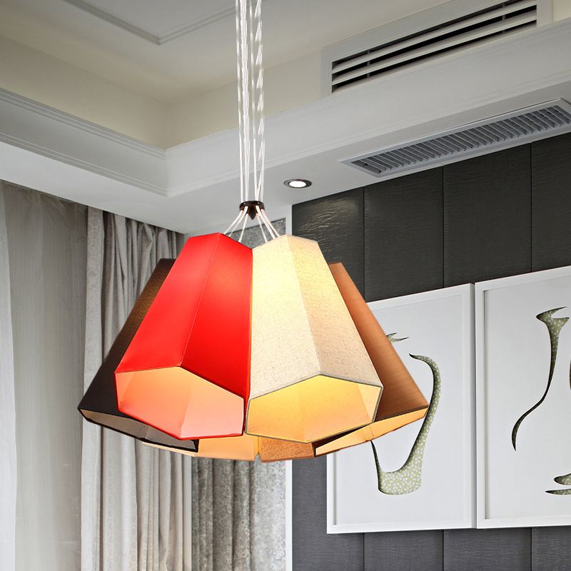 Ridged Conical Loft House Hanging Light Fabric 6 Heads Modern Stylish Multi Light Pendant Lighting in Red-White