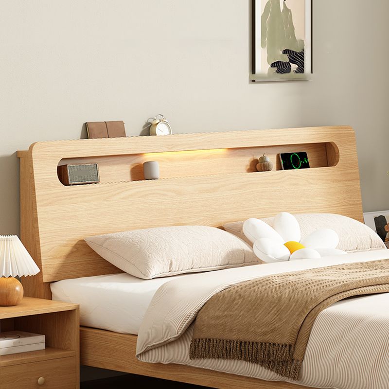 Natural Solid Wood Panel Bed with Headboard Standard Bed with Shelves