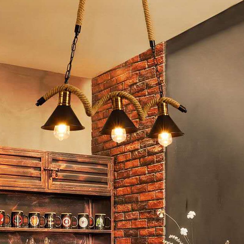 Metal Conical Island Ceiling Light Industrial Style Bar Pendant Lamp with Wavy Hemp Rope in Black