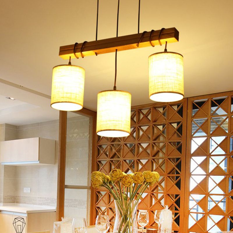 Fabric Wood Island Pendant Barrel 2/3 Lights Traditional Hanging Light Kit for Dining Room