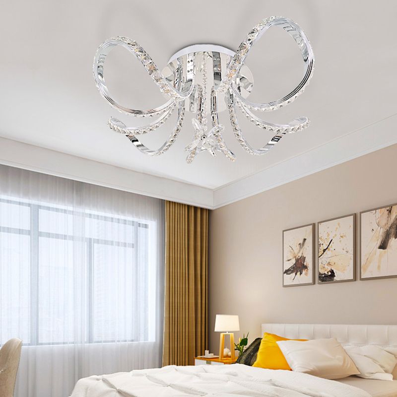 Chrome Finish Ribbon Shaped Flush Mount Fixture Minimalist Crystal LED Ceiling Light for Bedroom