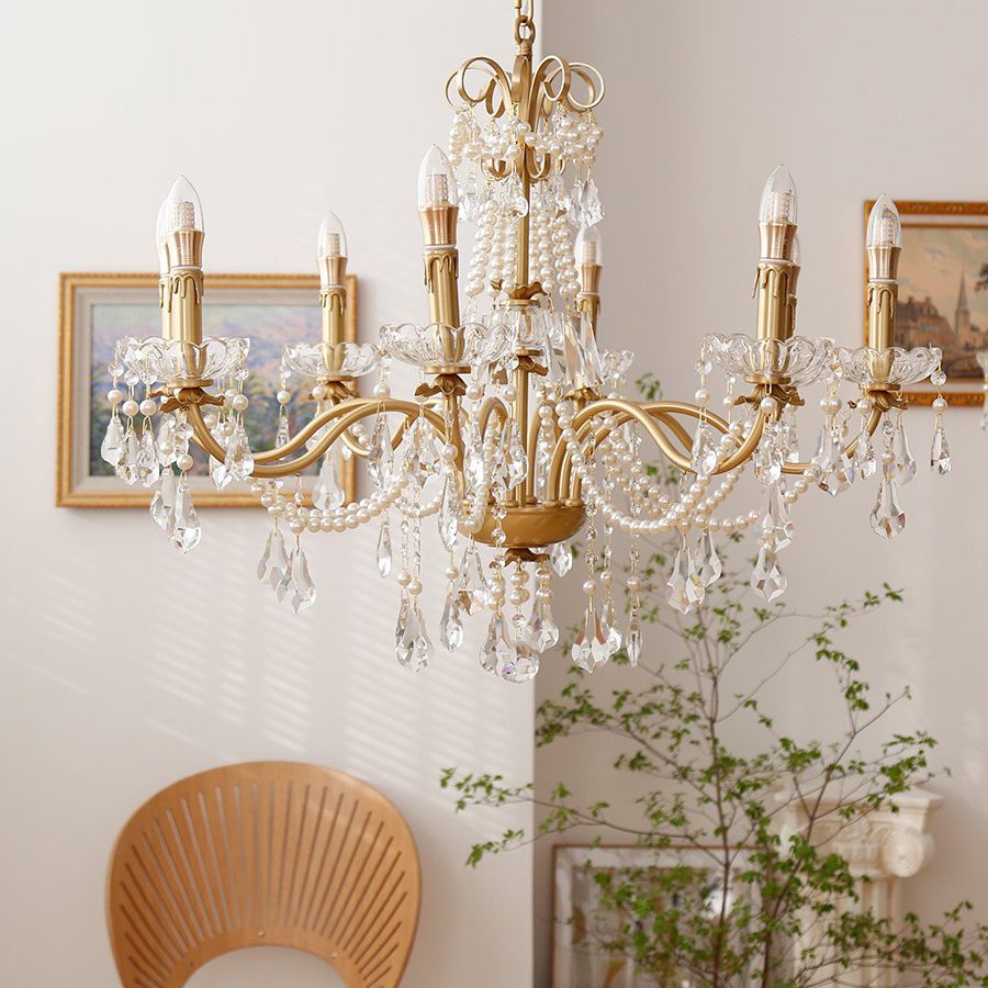 Candle Chandelier Light Fixtures American Style Multi-Head Hanging Pendant Lamps with Crystal Bead